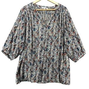Rose + Olive Women's 1X Boho Peasant Tunic Floral 3/4 Sleeve‎ Smocked Buttons